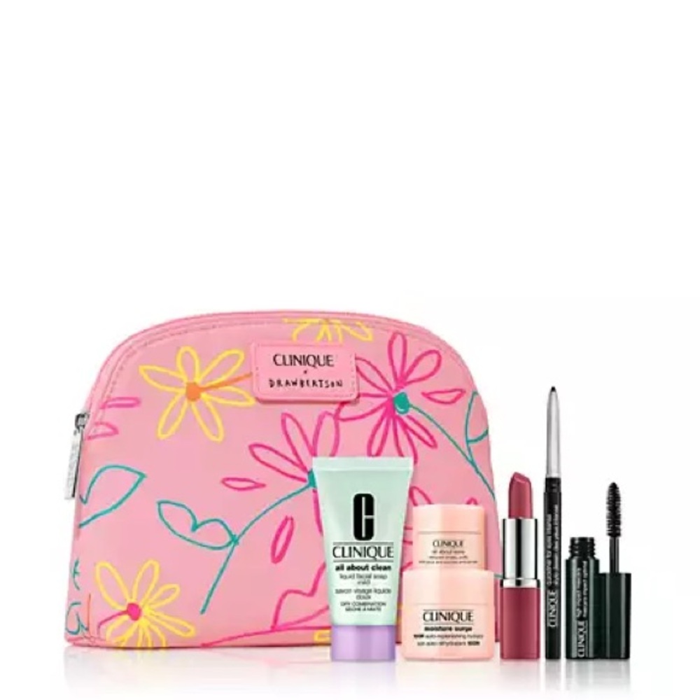 NWT Clinique x Drawbertson Cosmetics/Makeup Bag  w/ Clinique Products Mini-Sized